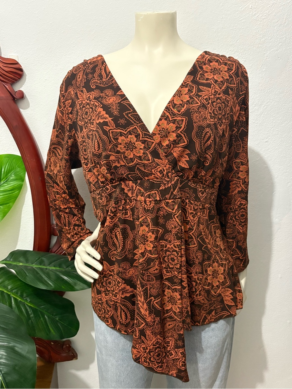 Rust Floral V-Neck Whimsigoth Blouse - Women's Brown & Rust